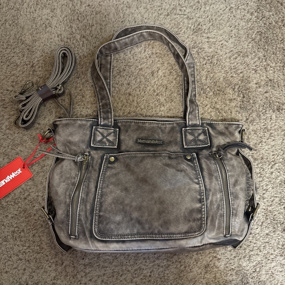 Montana West Handbag Purse Distressed Faux Leather Brown Hobo Tote Zip Strap